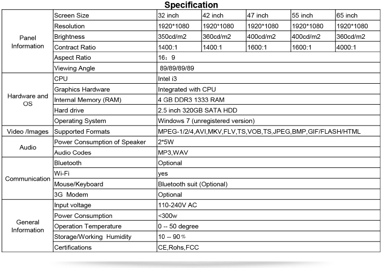 46inch Network touch kiosk specifications
